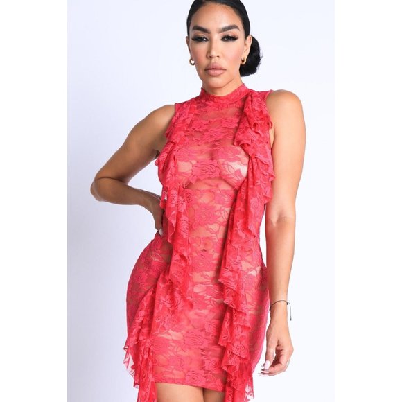 Dresses & Skirts - Women's Ruffle Detailed Lace High-Low Dress See Through Party Dress